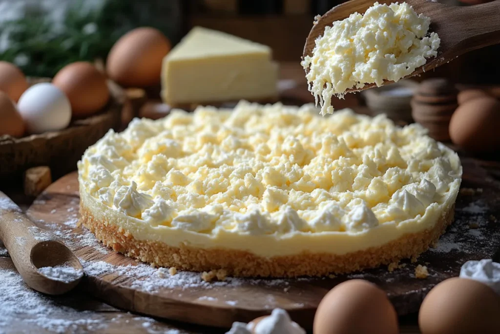 A realistic depiction of cheesecake ingredients, including cream cheese, sour cream, eggs, and sugar, with the focus on how these ingredients interact in the process of making cheesecake. The image highlights the role of fats like cream cheese and sour cream in creating a creamy texture and how adding an extra egg to cheesecake binds the ingredients together, resulting in a rich, smooth filling