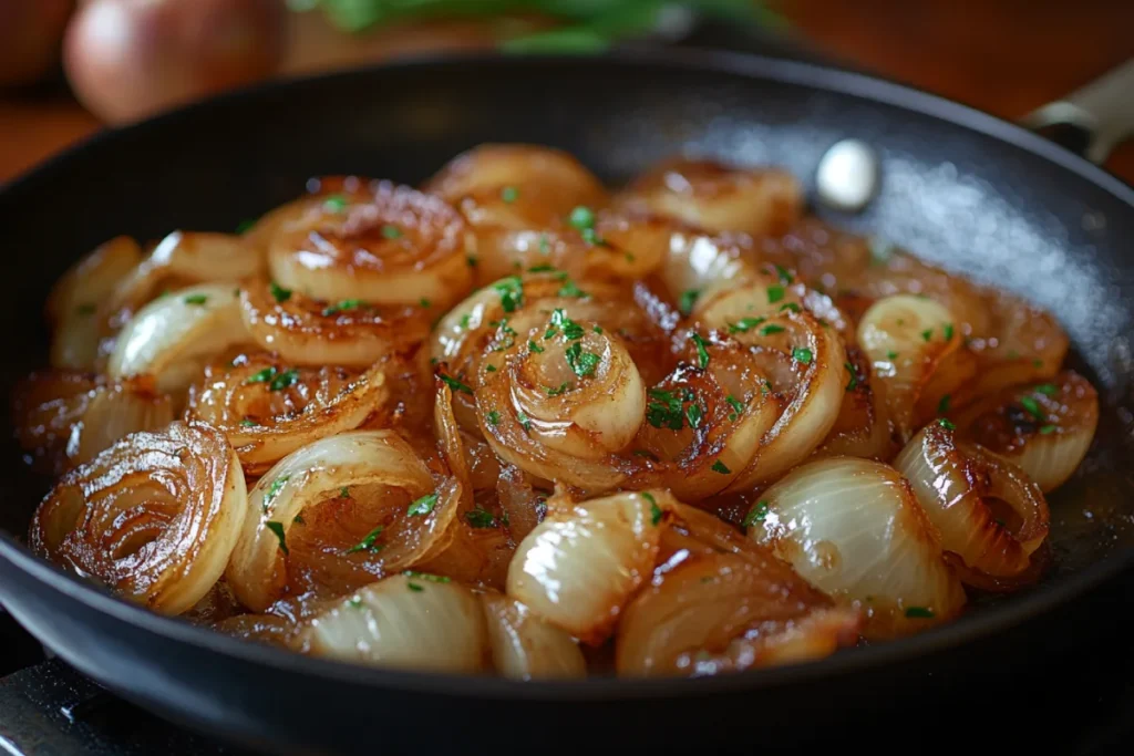 Cooking onions in a pan, showing the transformation of their texture and flavor before adding to meatloaf, highlighting why cook onions before adding to meatloaf for enhanced sweetness and balance.