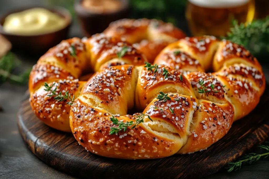 Traditional German pretzel with golden crust and coarse salt, served with mustard, butter, and dips in a rustic Bavarian beer garden during Oktoberfest. This image highlights the history and cultural significance of pretzels in Germany, showcasing their role as a staple food. Do Germans put cheese on pretzels?