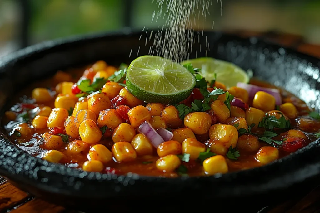 Sprinkling Tajín seasoning over Mexican corn, showcasing how this ultimate flavor booster enhances the sweetness of the corn while amplifying the tangy notes of lime. The vibrant colors of Tajín, lime, and corn highlight the balance of Mexican corn toppings.