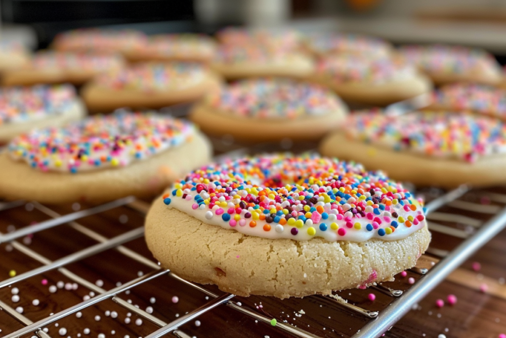 A festive plate of colorful sugar cookies shaped like stars, trees, and snowflakes, decorated with icing and sprinkles, set on a wooden table with holiday decorations, including candy canes, pinecones, and warm fairy lights in a cozy Christmas kitchen.