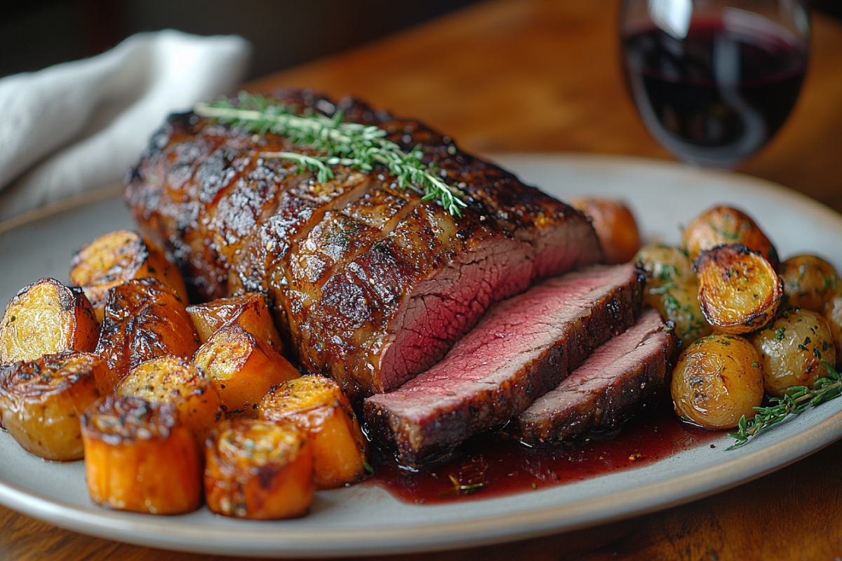 A perfectly cooked prime rib showcasing the secret to a good prime rib with a golden-brown crust, juicy slices on a platter, garnished with fresh herbs and paired with roasted vegetables and a glass of red wine.