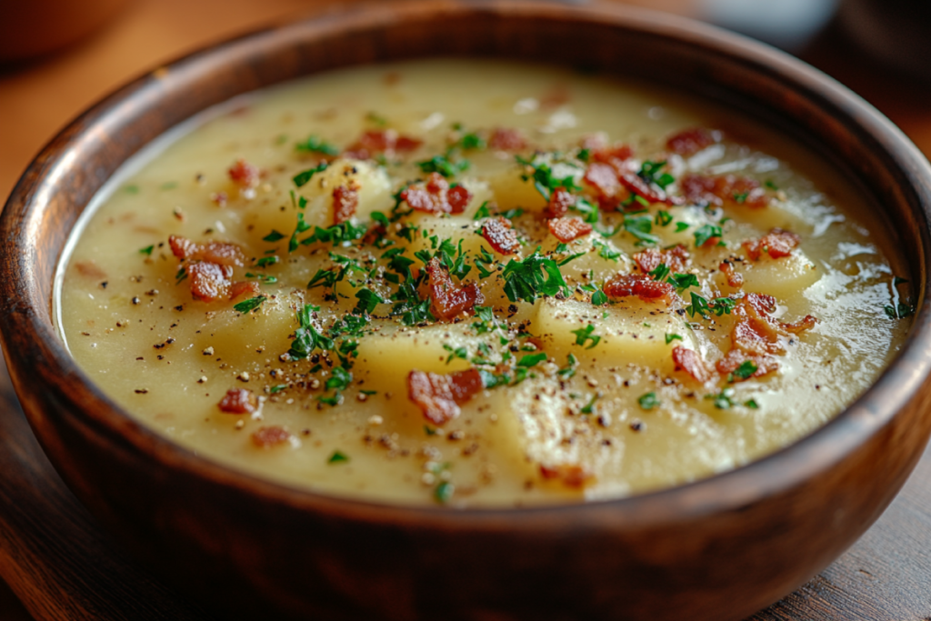 A steaming bowl of creamy potato soup with crispy bacon bits and fresh parsley, showcasing the perfect thickener for potato soup.