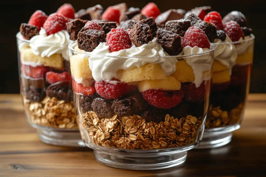 Various substitutes for trifle sponges, including sponge cake, ladyfingers, brownies, cookies, fresh fruit, and granola, layered in a trifle dish. The image highlights tips for choosing the perfect substitute for trifle sponges, showing a balance of textures and flavors with decorative toppings like whipped cream and grated chocolate.