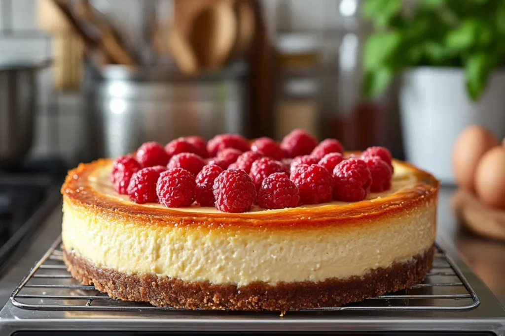 A realistic kitchen scene illustrating tips for perfect cheesecake, including the careful blending of ingredients to avoid overmixing and cracking. The image shows cheesecake ingredients like cream cheese, eggs, and sour cream at room temperature, the use of a water bath for baking, and a thermometer for temperature control. The cheesecake is cooling gradually to maintain its creamy texture, reflecting the ideal techniques for achieving a perfectly set cheesecake.