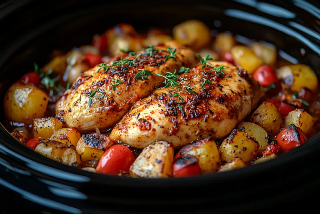 Tips for perfect crockpot chicken with properly prepared and seasoned chicken, vibrant vegetables, and rich broth, showcasing proper layering and cooking techniques.