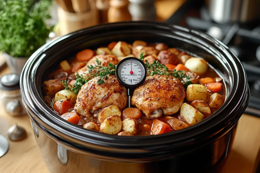 A cozy kitchen scene showing a slow cooker with chicken, vegetables, and broth, illustrating tips for perfectly tender crockpot chicken, with a meat thermometer ensuring the correct internal temperature.