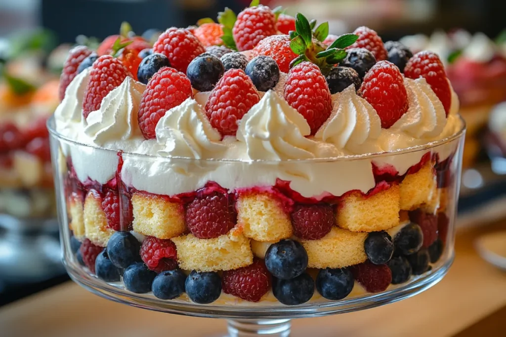 Image of a beautifully layered trifle with sponge cake, fruits, custard, and whipped cream, demonstrating tips for the perfect overnight trifle.
