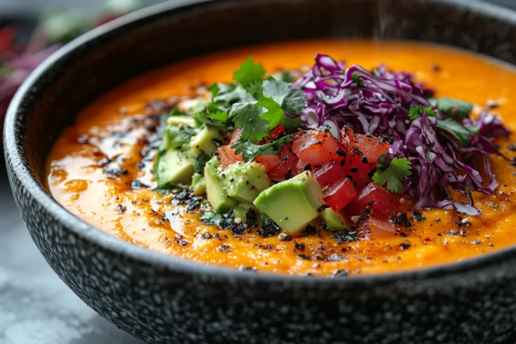 A modern tortilla soup with a blend of traditional ingredients like corn tortillas, chiles, and avocado, alongside contemporary twists such as smoked duck, shrimp, and plant-based options. The image highlights the global appeal of tortilla soup while preserving its Mexican roots, set in a stylish restaurant environment reflecting both authenticity and fusion cuisine.