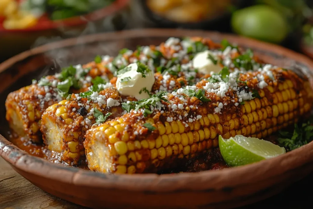 Traditional Mexican street food featuring corn topped with butter, Cotija cheese, chili powder, and lime juice, highlighting the difference between corn and Mexican corn.