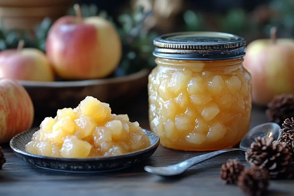 A close-up of sweetened and unsweetened applesauce jars on a kitchen counter, with spoonfuls displayed to show texture differences. Chunky and smooth applesauce options are highlighted, emphasizing the best types of applesauce in cookies for baking.