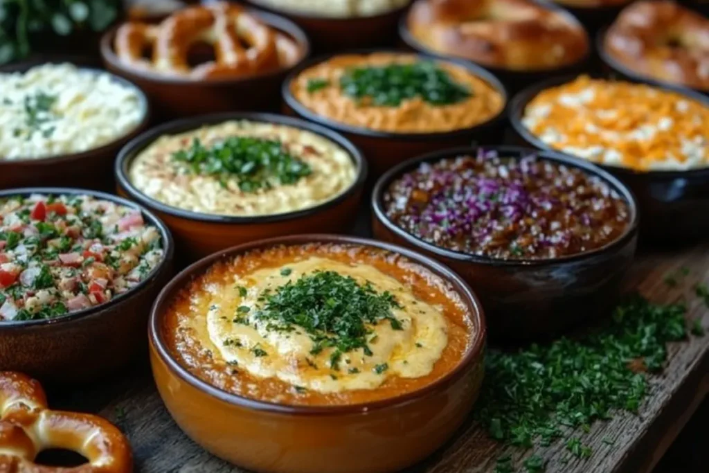 A variety of pretzel cheese dips displayed in a cozy kitchen setting, including classic cheddar, beer cheese, spicy cheese with jalapeños, vegan cheese dip, and specialty dips like herb-infused cheese, smoked gouda, and bacon ranch. These dips are served with soft pretzels and garnished with chives, bacon bits, and herbs, showcasing different types of pretzel cheese dips.