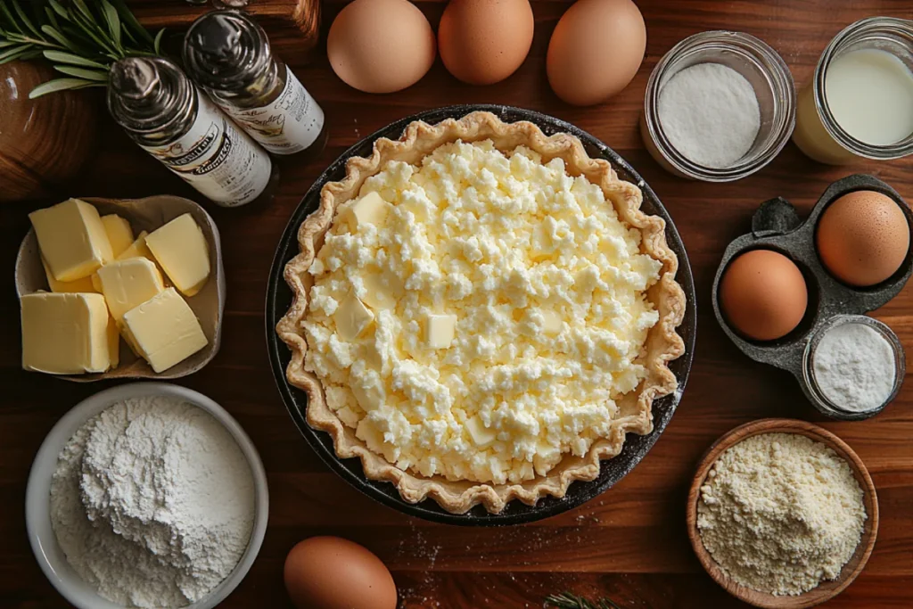 Ingredients for buttermilk pie including buttermilk, eggs, sugar, butter, flour, and nutmeg arranged on a kitchen counter, highlighting the role of each ingredient in creating the perfect texture. This image helps answer the question 'Why is My Buttermilk Pie Watery' by showing the essential components for a creamy, well-set pie.