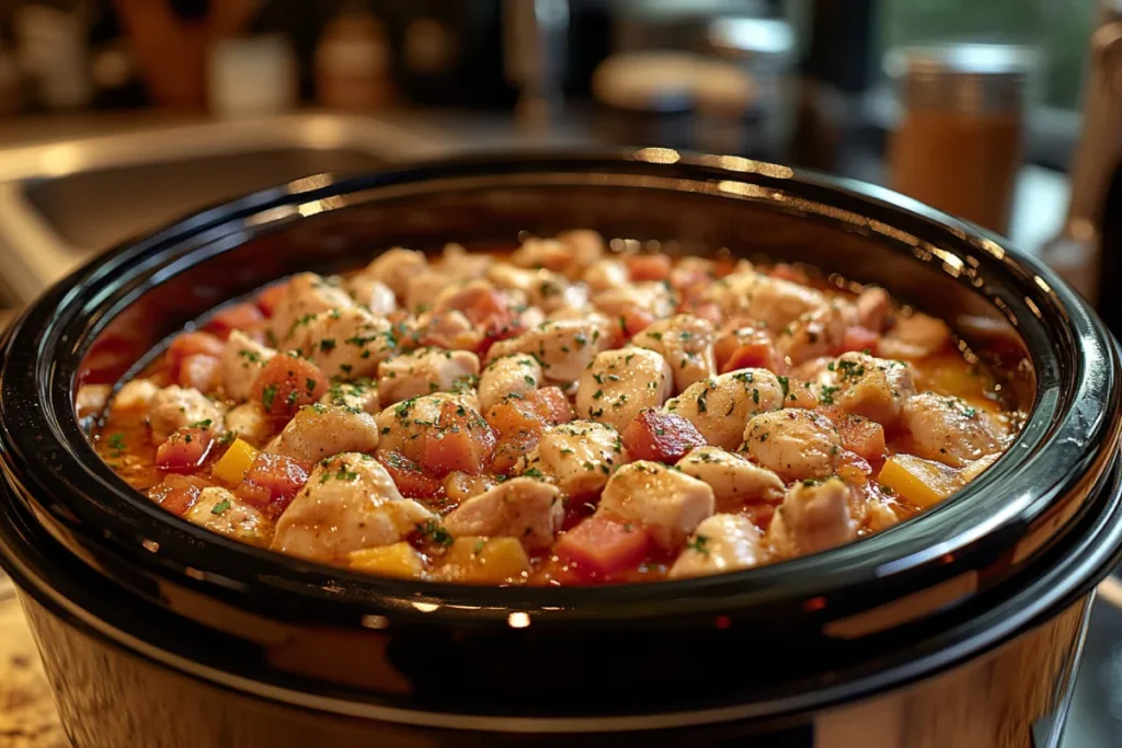 A cozy kitchen scene with a slow cooker filled with raw chicken and vegetables, illustrating the process of cooking chicken in the crockpot longer for tender results.