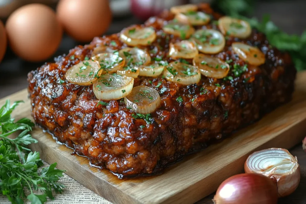 Juicy meatloaf served on a rustic wooden table, showcasing the essential ingredients like ground beef, eggs, breadcrumbs, and fresh herbs. The rich texture and savory glaze highlight the secrets to juicy meatloaf, evoking a sense of culinary tradition and comfort food.