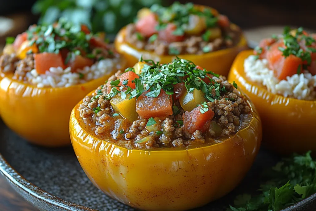 Calories in a cup of stuffed pepper soup, showing the key ingredients like bell peppers, ground meat, rice, tomatoes, and broth arranged in a warm, inviting bowl.