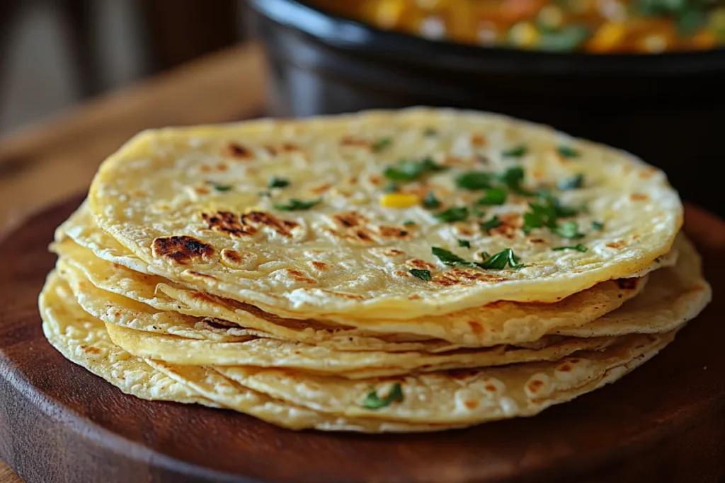 Two types of tortillas, corn and flour, displayed side by side, with a crockpot in the background. The image demonstrates how tortillas can be warmed or cooked in a crockpot, showcasing their different textures and versatility.