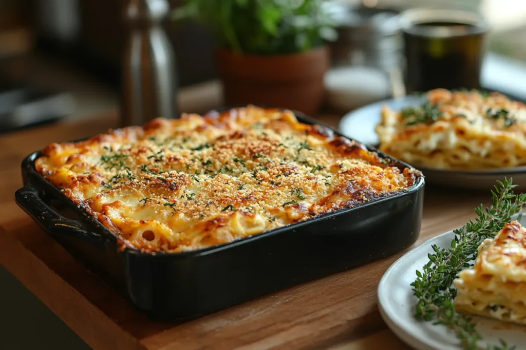 Difference Between a Casserole and Lasagna: A golden, bubbling casserole dish filled with proteins, vegetables, and grains, topped with crispy breadcrumbs and cheese, alongside a classic Italian lasagna with distinct layers of pasta, ricotta, mozzarella, and tomato sauce.