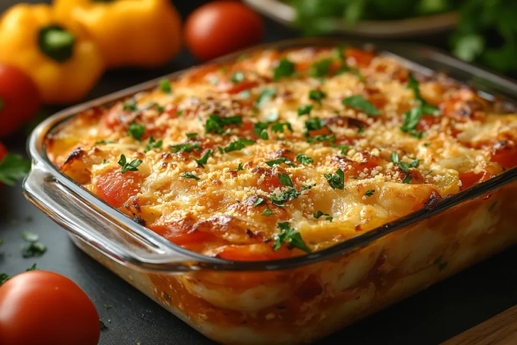 An image showcasing the key to making a good casserole, featuring a beautifully layered dish with fresh vegetables, proteins, and flavorful starches. The casserole is topped with cheese and breadcrumbs, presented in a ceramic dish, emphasizing balance in flavors and textures for a perfect meal.