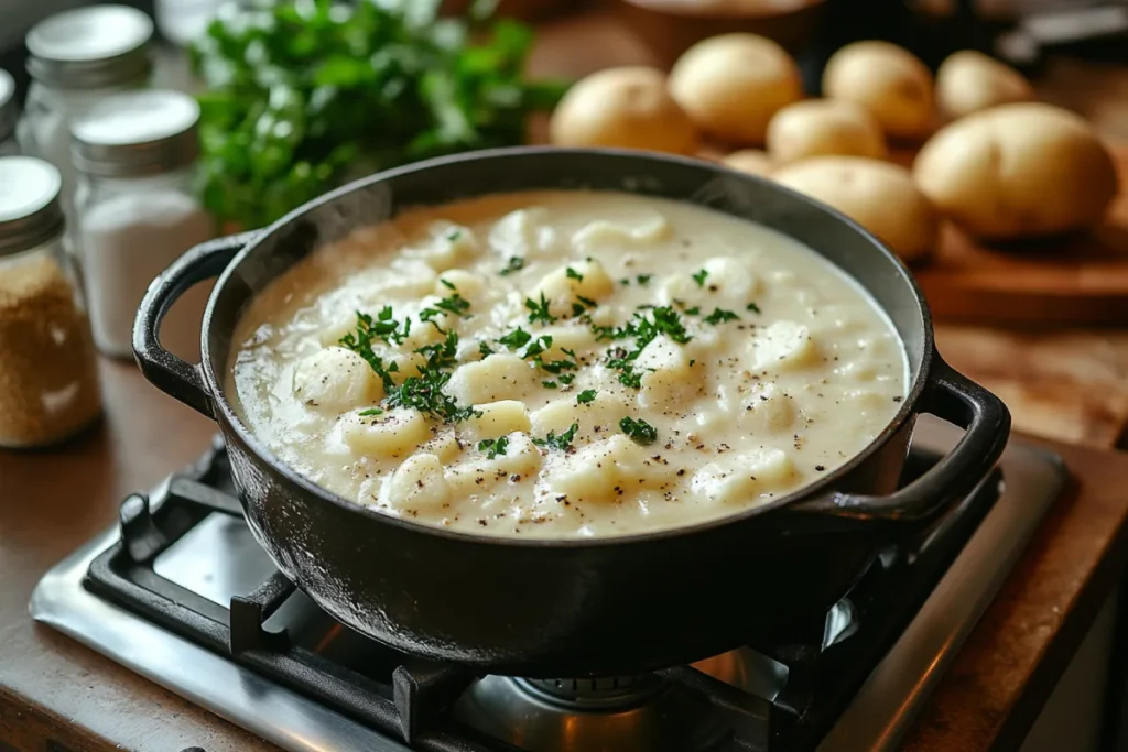 A pot of creamy, velvety potato soup with various thickeners like potatoes, flour, and dairy products around it, illustrating how to thicken potato soup to achieve a rich, hearty consistency.