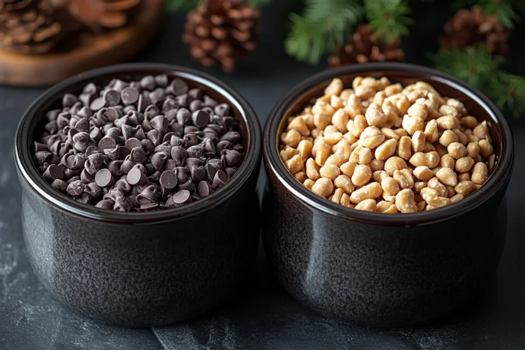 Step-by-step guide to making Crockpot Christmas Crack with Almond Bark, showing the layering of salted peanuts, almond bark, and chocolate chips in a crockpot. The ingredients are melting smoothly on low heat, and the final mixture is cooling on parchment paper, ready to be decorated with holiday toppings.