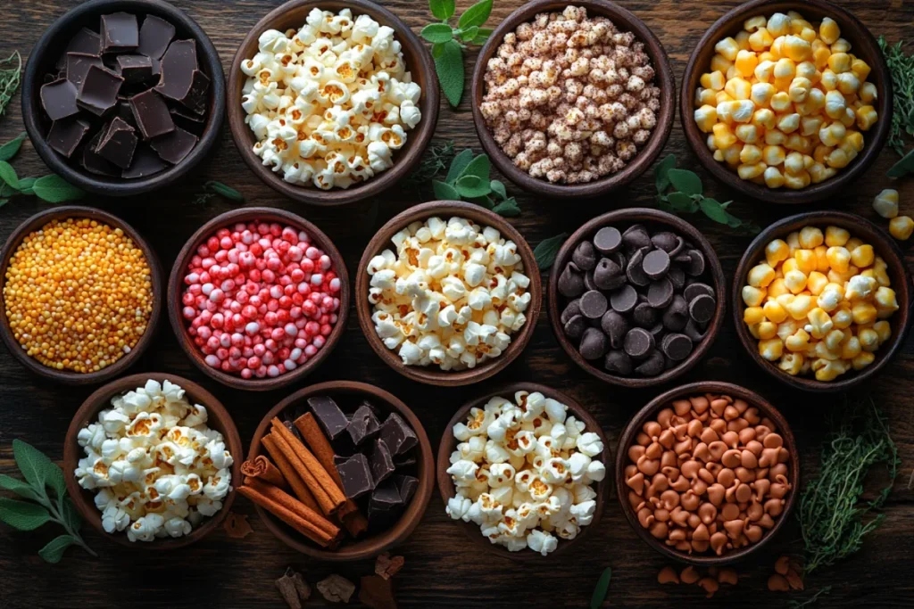 Flat lay image showcasing variations of a kettle corn recipe, including cinnamon sugar, chocolate-drizzled popcorn with sprinkles, cheesy Parmesan popcorn, and savory garlic herb popcorn, surrounded by ingredients like cinnamon sticks, chocolate chips, thyme sprigs, and bowls of popcorn on a rustic wooden surface.