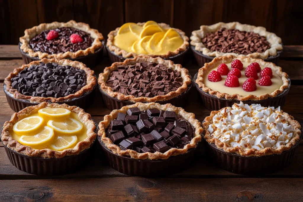 Various variations of buttermilk pie including lemon, chocolate, coconut, gluten-free, and dairy-free versions, showing the creative possibilities of what buttermilk pie is made of.
