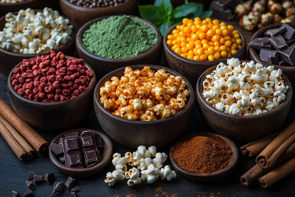 A vibrant display of gourmet kettle corn variations, including classic sweet-and-salty, cinnamon sugar, chocolate-drizzled, cheddar-sweet mix, and spicy-sweet flavors, surrounded by ingredients like cinnamon sticks, chocolate, chili powder, and matcha powder on a rustic wooden table, showcasing the versatility of "What Gives Kettle Corn Its Flavor."