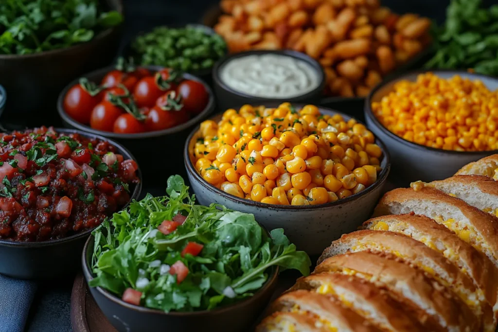 A variety of Mexican street corn (Elote) variations including esquites served in a cup, loaded corn salad with mixed greens and grilled corn, baked corn casserole with cheese and spiced mayonnaise, and vegan versions with cashew cream and nutritional yeast. The image showcases different creative takes on Mexican street corn, highlighting unique ingredients and presentation styles.