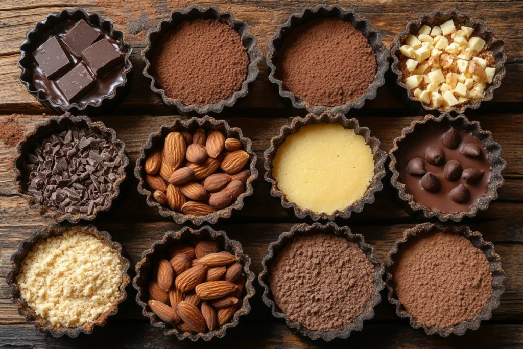 An assortment of Shortbread Crust variations displayed on a rustic wooden surface. The image features a chocolate shortbread crust with a deep cocoa hue, a citrus-infused crust with flecks of zest, a nutty crust with a textured, golden finish, and a spiced crust with warm cinnamon tones. Each crust is neatly pressed into tart pans, with scattered ingredients like zest, cocoa powder, and nuts nearby, highlighting the rich textures and flavors.