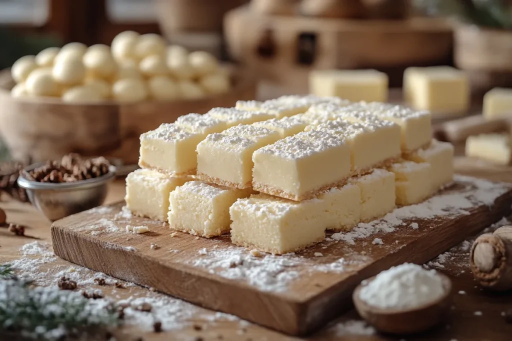 Close-up view of tips for avoiding mistakes when making shortbread, showing a kitchen scale with precise measurements of butter, sugar, and flour, chilled dough resting on a wooden surface, and tools for shaping cookies, ensuring consistent and flawless results.