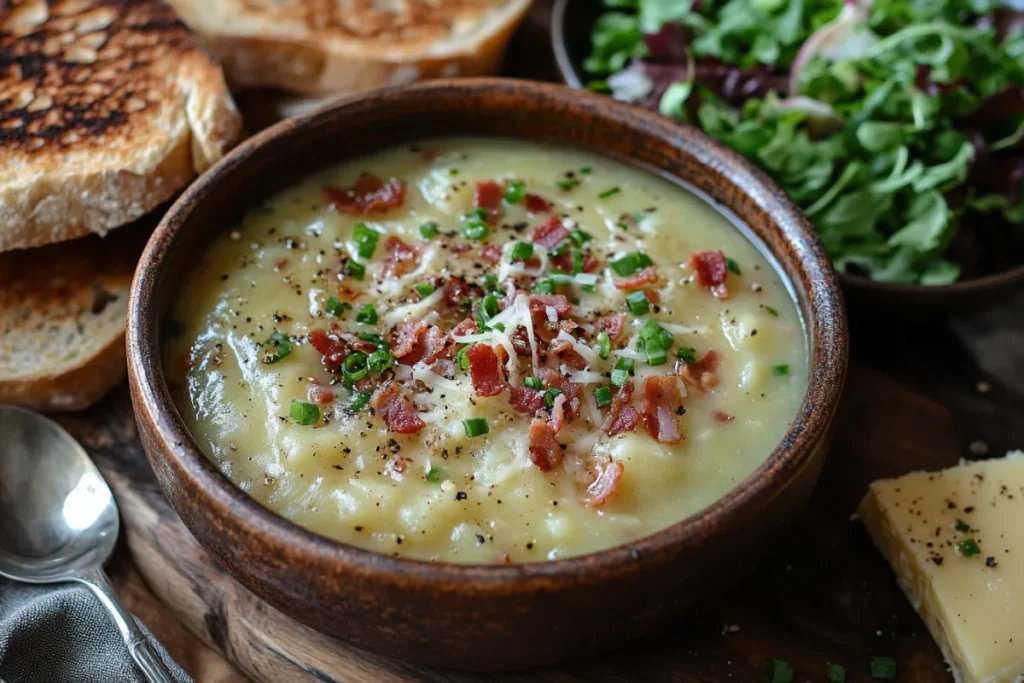 A comforting bowl of potato soup topped with shredded cheese, bacon, and chives, paired with crusty bread, a grilled cheese sandwich, and a fresh green salad. The perfect meal showcasing what goes well with the best thickener for potato soup.