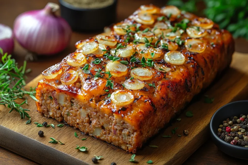 Freshly baked Lipton Onion Soup meatloaf with a golden-brown crust, surrounded by key ingredients like dried onions, herbs, and spices, set in a cozy vintage 1950s-style kitchen with warm, inviting lighting.