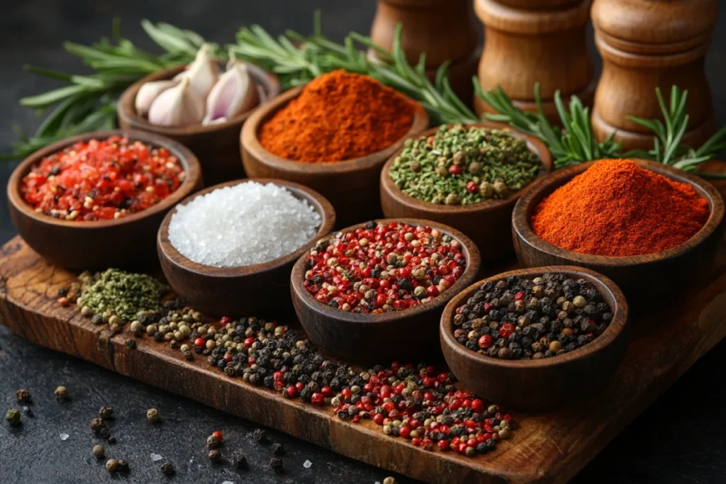 An assortment of spices and herbs like salt, rosemary, thyme, garlic, cracked black pepper, cumin, coriander, and coffee grounds arranged on a wooden cutting board, showcasing the perfect blend for prime rib seasoning. This image illustrates the balance of traditional and modern ingredients used to enhance the natural flavor of prime rib.