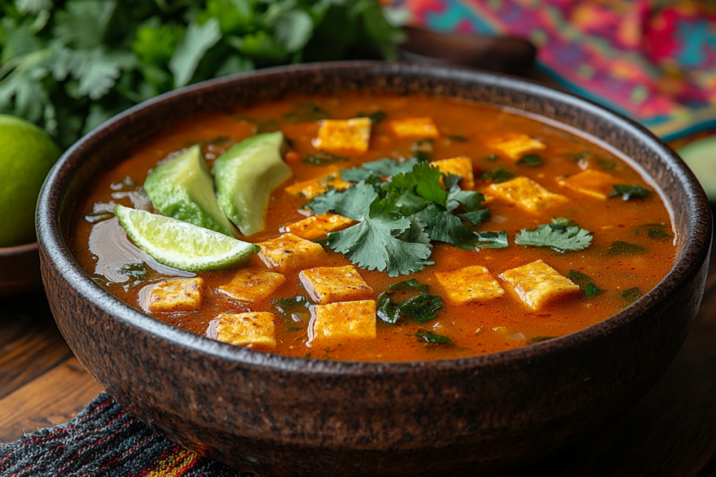 A traditional bowl of tortilla soup, highlighting Mexican culture with crispy tortilla strips, avocado, lime, and cilantro, symbolizing what culture is tortilla soup.