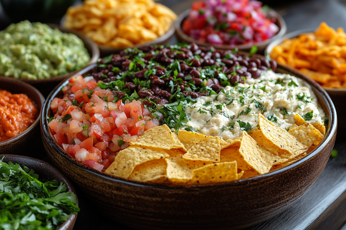 What dip is good with Fritos? A delicious spread featuring Fritos with creamy cheese, guacamole, salsa, and bean dip on a rustic wooden table.