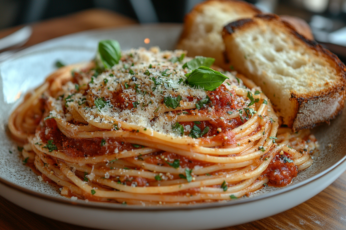 What do you put in spaghetti to make it taste good? A delicious plate of spaghetti with marinara sauce, fresh basil, and Parmesan cheese, served with garlic bread on a rustic table.