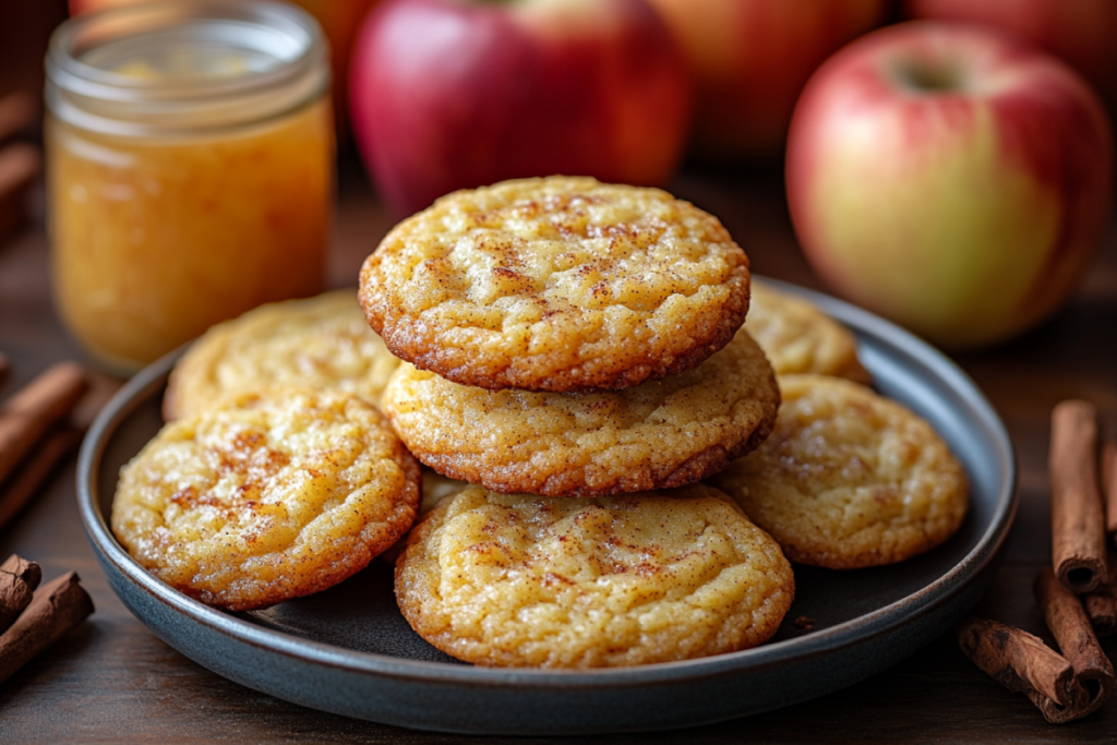 Freshly baked cookies made with applesauce, surrounded by a jar of applesauce, cinnamon sticks, and apples on a rustic wooden table.