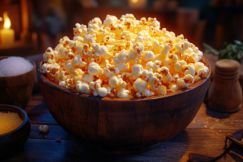 A close-up of a bowl of kettle corn showcasing its golden caramelized coating, highlighting what gives kettle corn its flavor with sugar and salt.