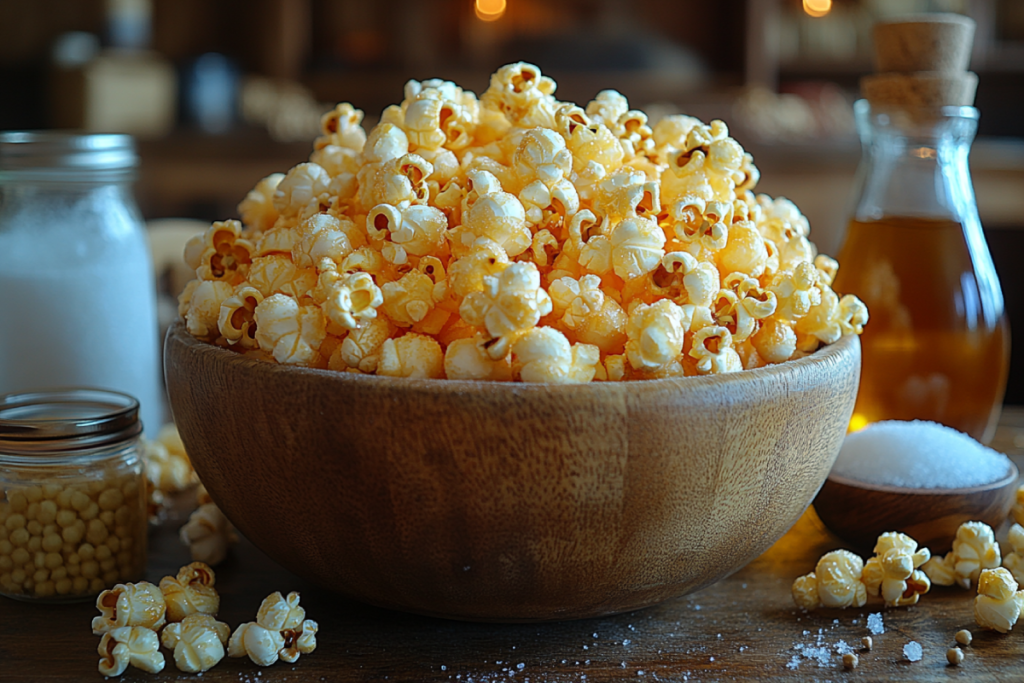 A bowl of freshly made kettle corn, coated with a light sugary glaze, surrounded by popcorn kernels, sugar, oil, and salt on a rustic wooden table – showcasing what ingredients are in kettle corn.