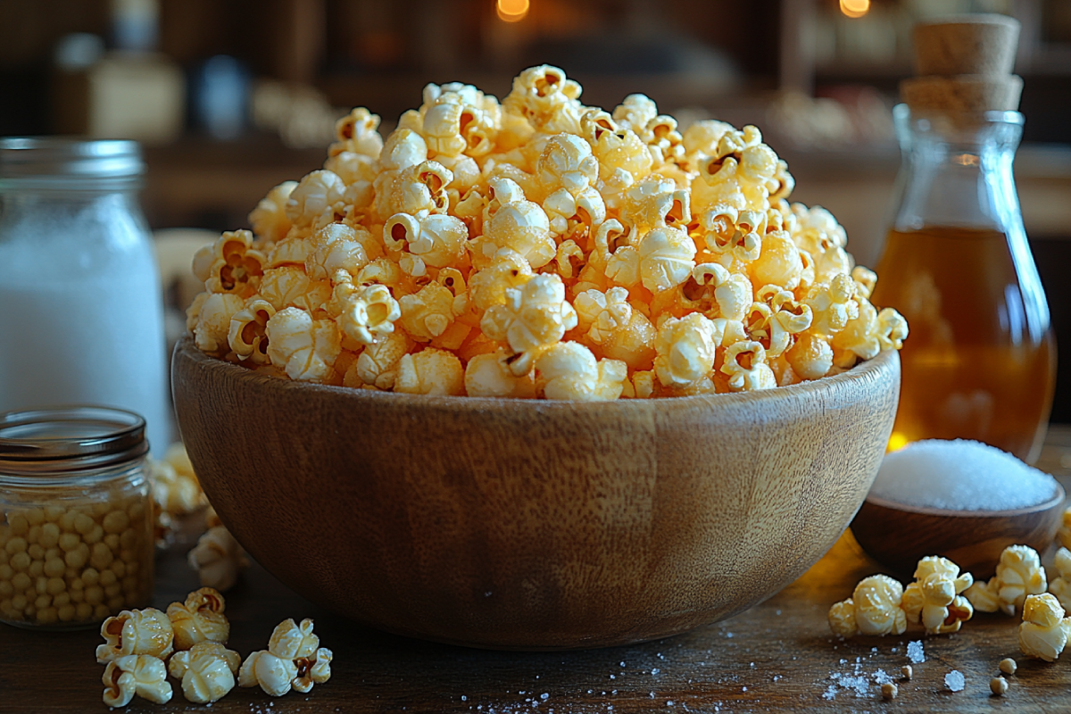 A bowl of freshly made kettle corn, coated with a light sugary glaze, surrounded by popcorn kernels, sugar, oil, and salt on a rustic wooden table – showcasing what ingredients are in kettle corn.