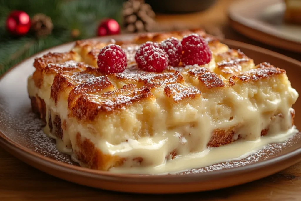 Delicious white chocolate bread pudding served on a plate, showcasing its creamy, custard-soaked texture and topped with a rich white chocolate sauce. The warm, golden crust and decadent appearance highlight the unique qualities of white chocolate bread pudding.