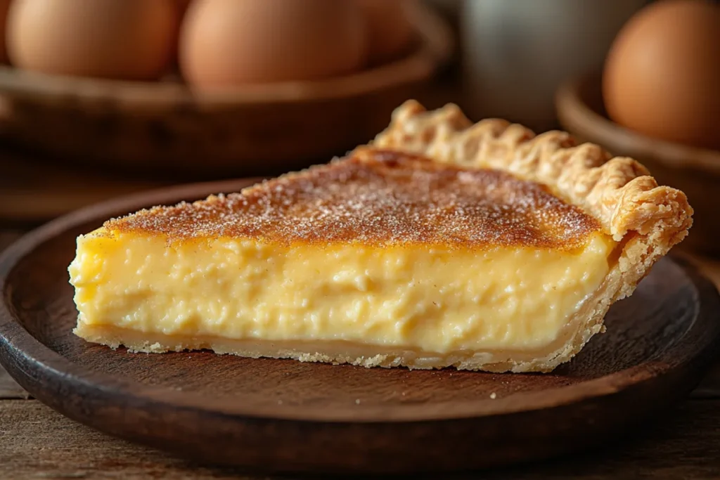 A slice of buttermilk pie on a rustic wooden table, showcasing its creamy custard-like filling and crisp golden crust. The cozy kitchen background includes pantry staples like eggs, butter, and vanilla extract. This comforting dessert highlights the classic buttermilk pie recipe, a delicious and simple treat made with pantry staples.