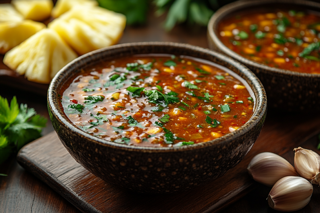 Homemade Hawaiian chicken sauce made of pineapple, soy sauce, ginger, and garlic, displayed with fresh ingredients on a wooden table.