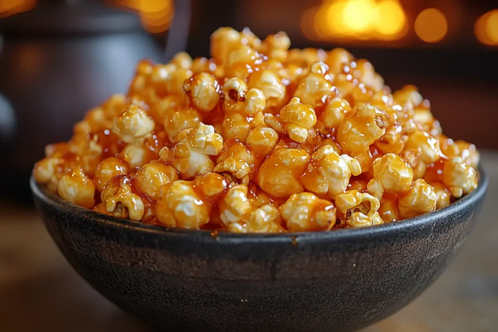 Freshly made kettle corn with a light caramelized coating, served in a rustic bowl on a wooden table, highlighting the perfect balance of sweet and salty flavors. Kettle Corn vs Caramel Corn comparison showcases this traditional snack’s unique texture and taste.