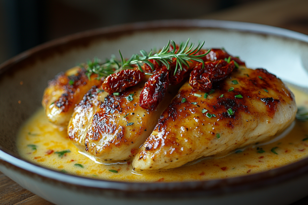 A beautifully plated Marry Me Chicken dish featuring golden-seared chicken cutlets in a creamy sauce with sun-dried tomatoes and fresh herbs.