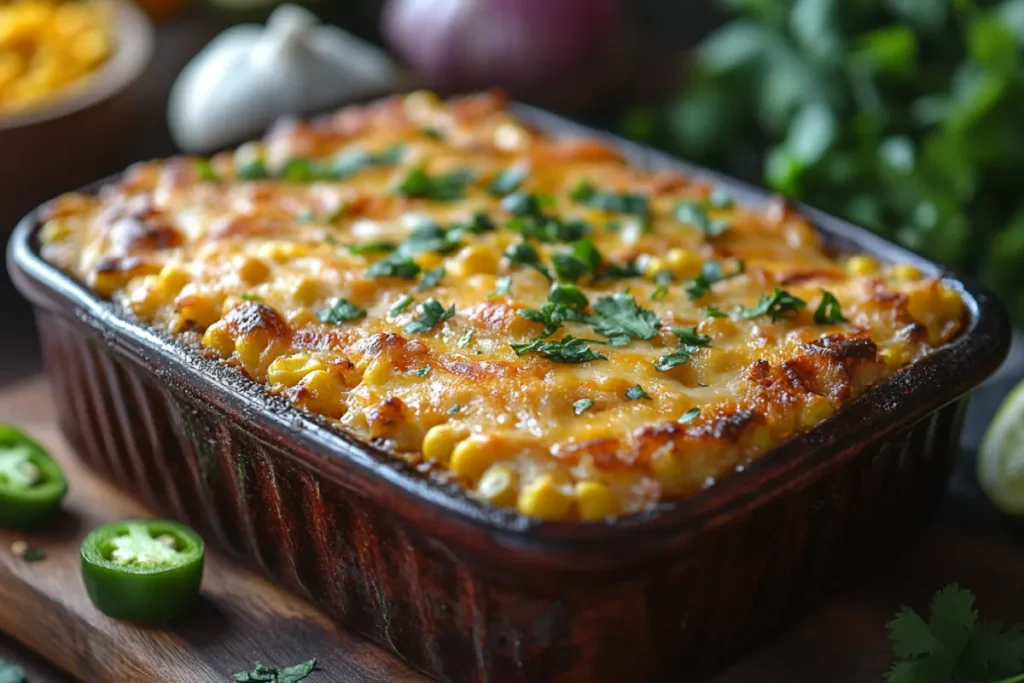 Mexican corn casserole served in a rustic baking dish with a golden, creamy texture, topped with melted cheese, jalapeños, and fresh cilantro. The dish highlights the sweet corn base, showcasing a blend of savory ingredients. This comforting and flavorful casserole is a perfect example of what Mexican corn casserole is, combining traditional spices and ingredients for a delicious family meal.