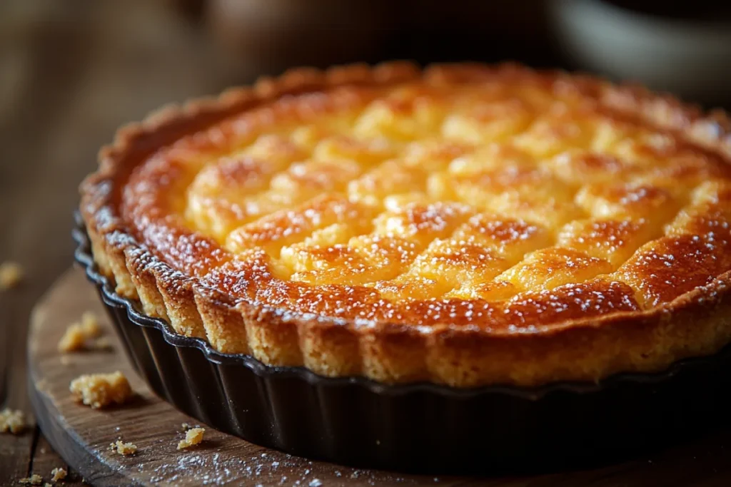 A freshly baked Shortbread Crust in a tart pan, golden and crumbly with a rich buttery texture. The crust is evenly pressed, with a few scattered crumbs on a wooden surface, highlighted by soft natural lighting.