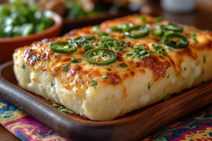 A cheese crisp topped with melted cheese, jalapeño slices, and green onions on a rustic plate, showcasing what a cheese crisp is called.