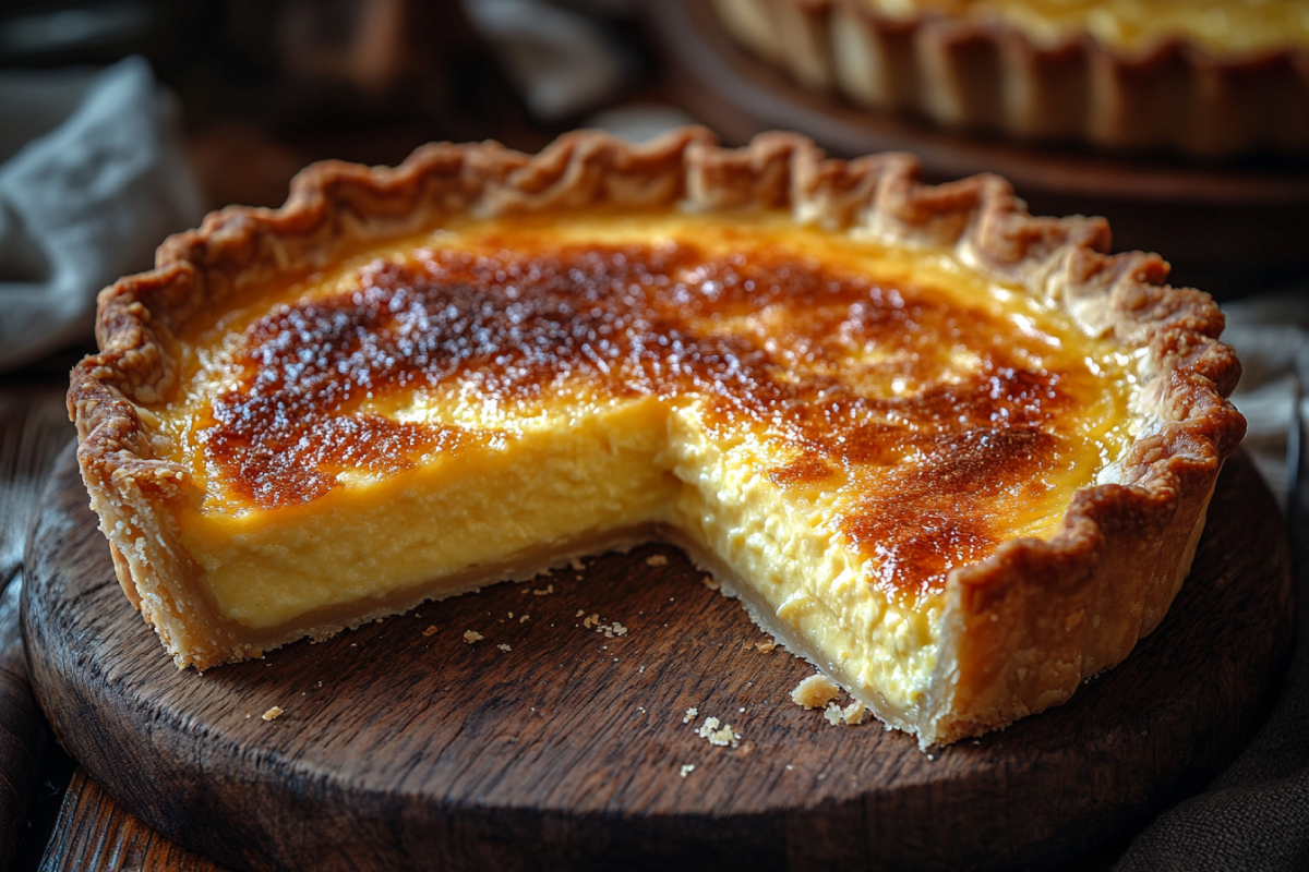 A golden-brown buttermilk pie with a creamy custard filling, displayed on a rustic wooden table with ingredients like eggs and buttermilk, illustrating "What is buttermilk pie made of?